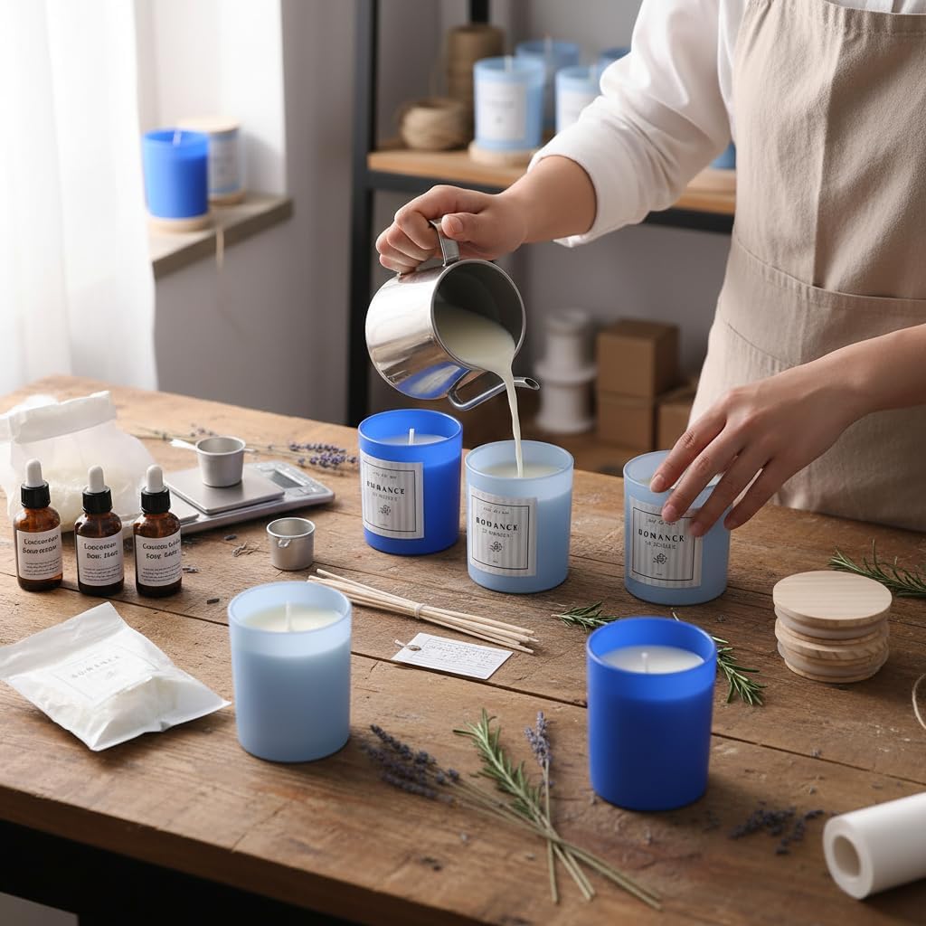 12Pcs Frosted Blue Glass Candle Jars Bamboo Lids
