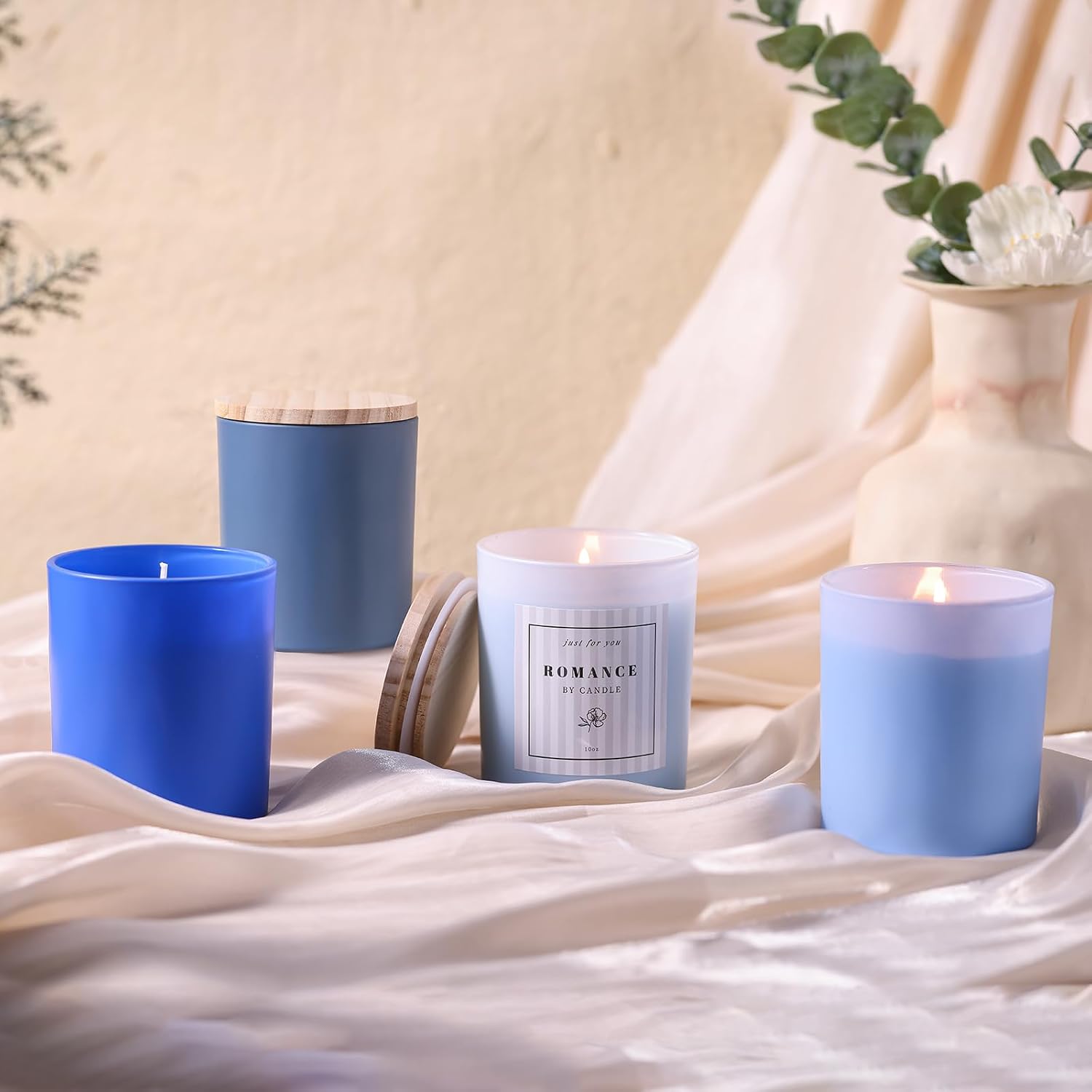 12Pcs Frosted Blue Glass Candle Jars Bamboo Lids