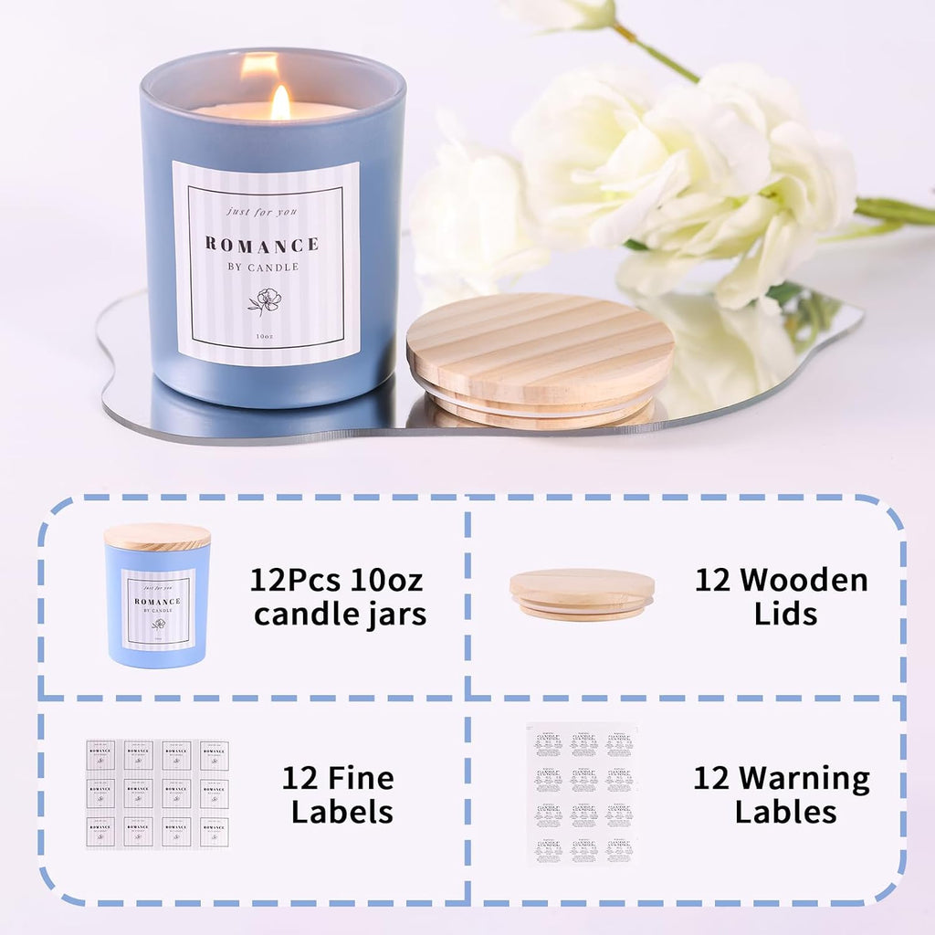 12Pcs Frosted Blue Glass Candle Jars Bamboo Lids
