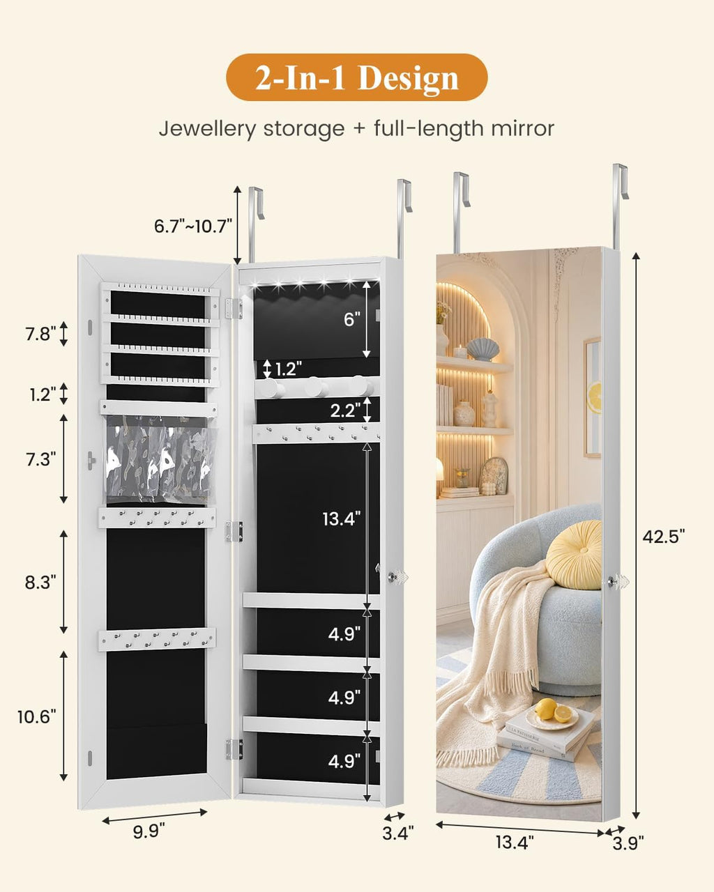 White LED Over Door Jewelry Cabinet