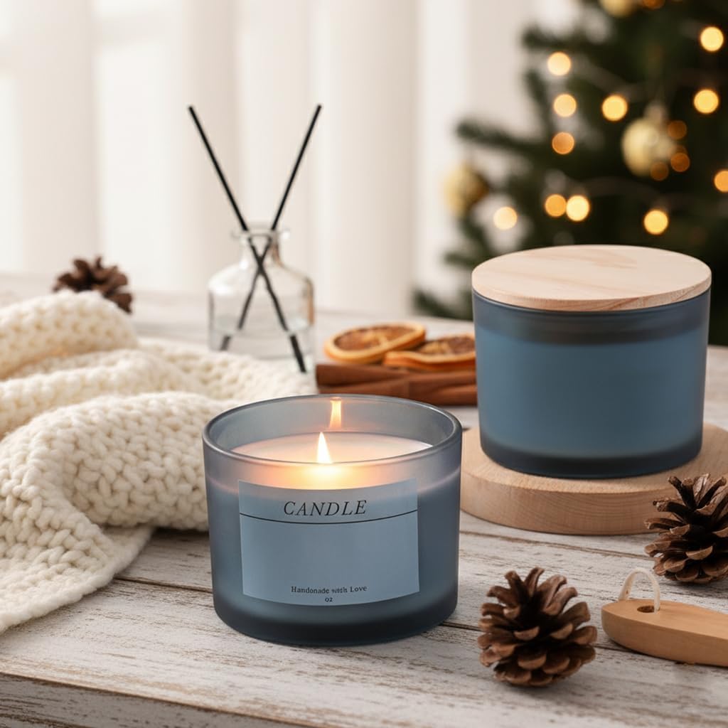 6 Pack Blue Frosted Glass Candle Jars Lids