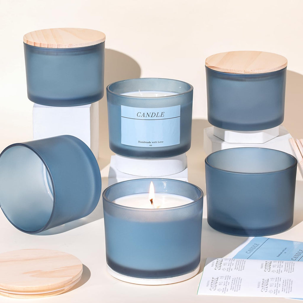 6 Pack Blue Frosted Glass Candle Jars Lids