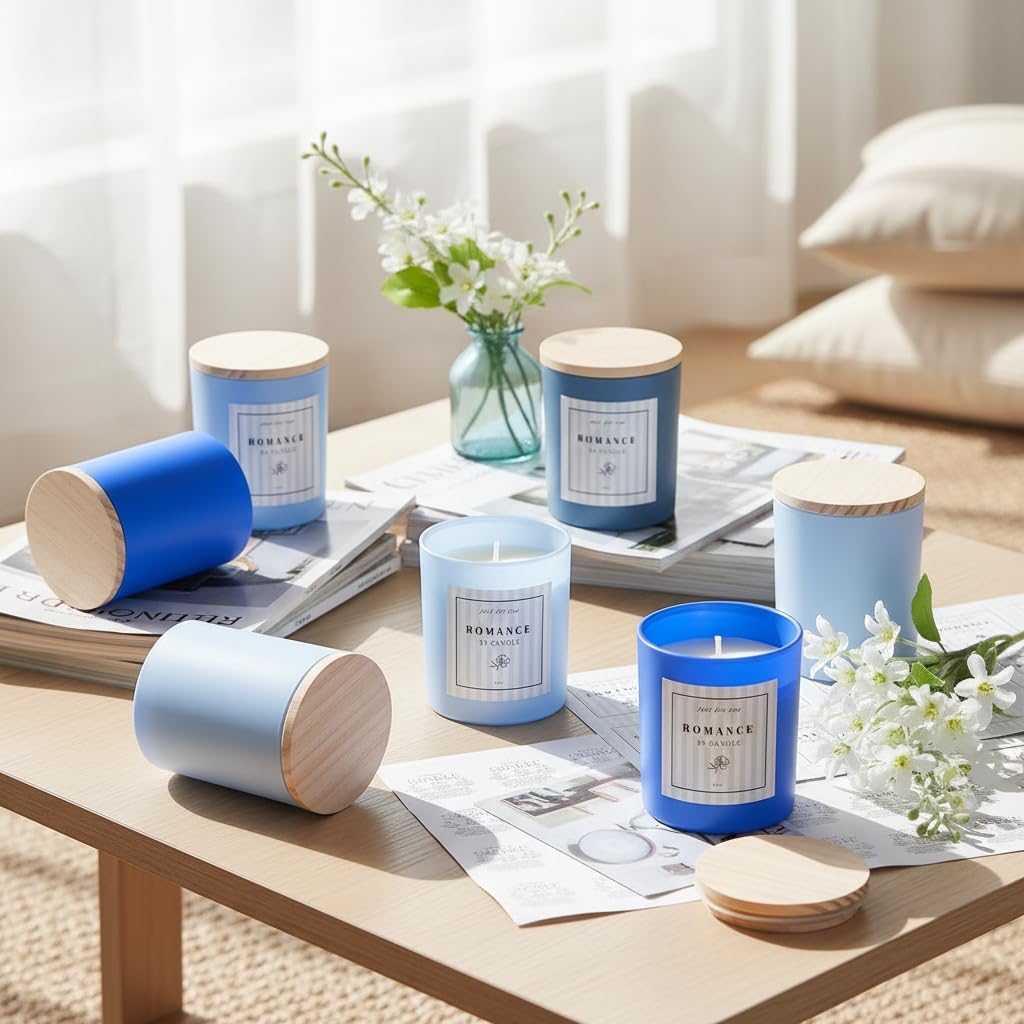 12Pcs Frosted Blue Glass Candle Jars Bamboo Lids
