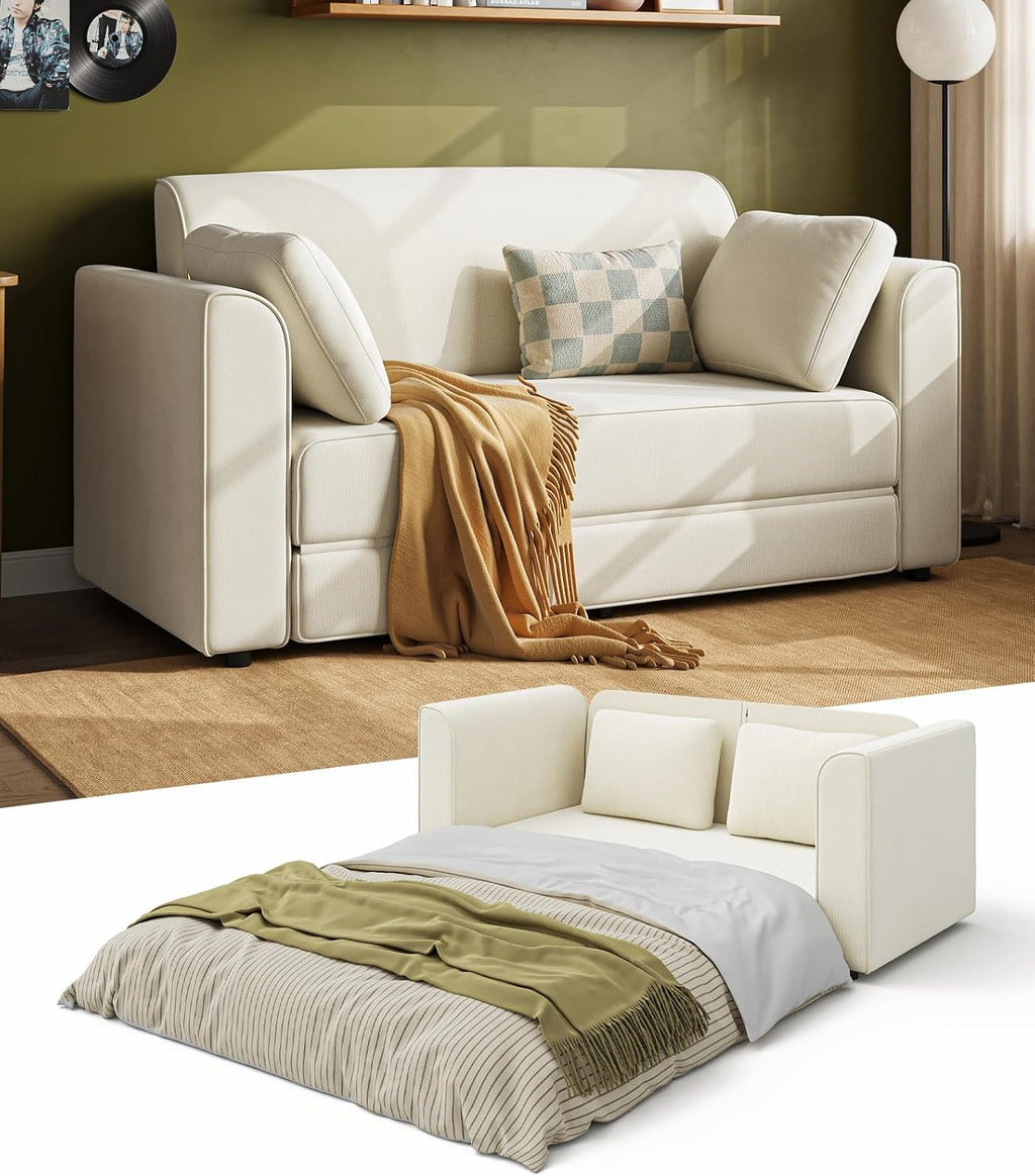 White Chenille Convertible Loveseat Sofa Bed