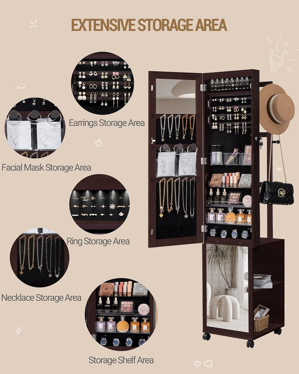 Brown LED Jewelry Mirror Cabinet with Garment Rack