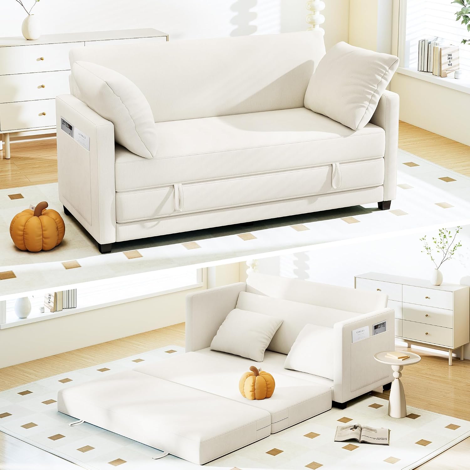 Beige Chenille Convertible Loveseat Sofa Bed