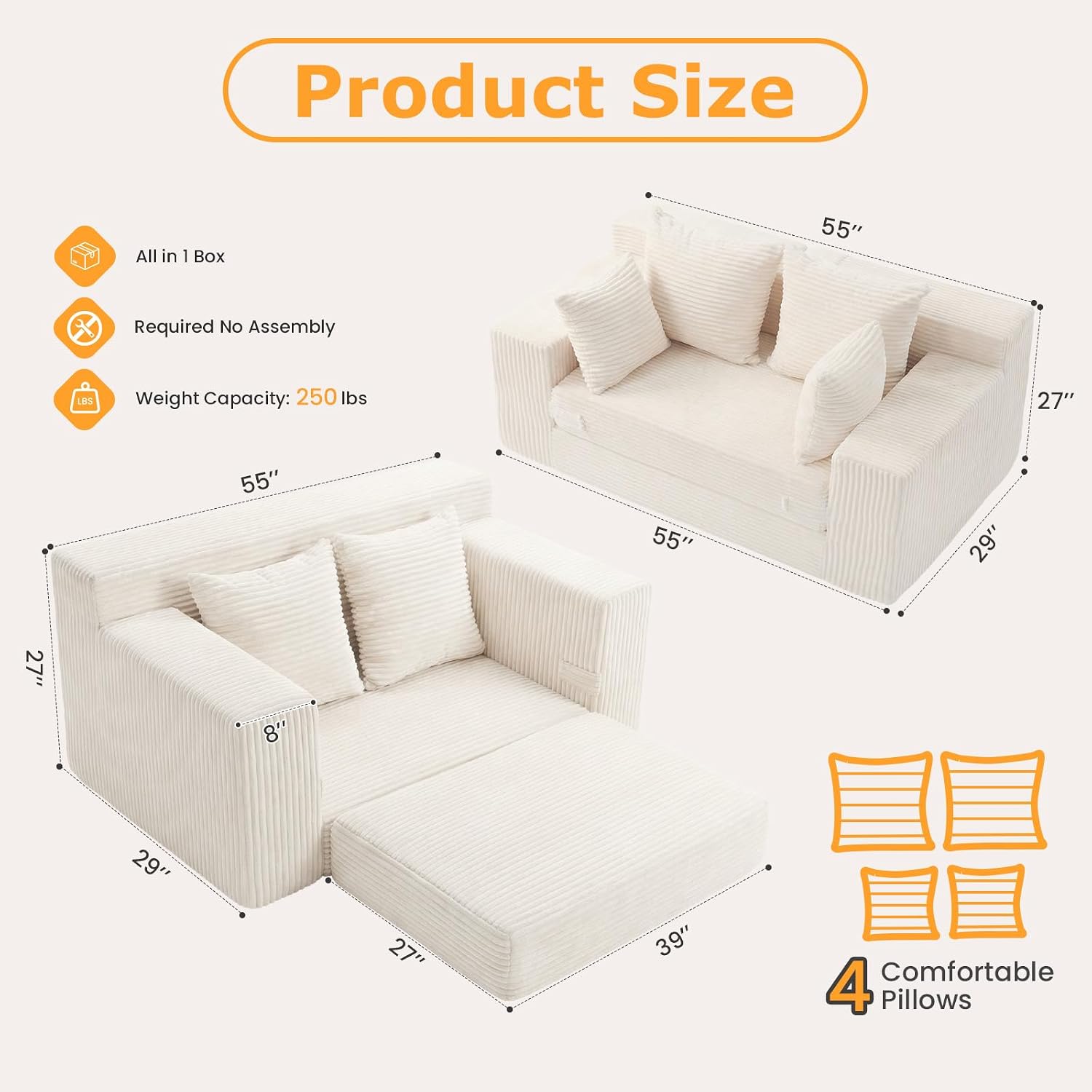 Beige Corduroy 3-in-1 Boneless Loveseat Sofa Bed