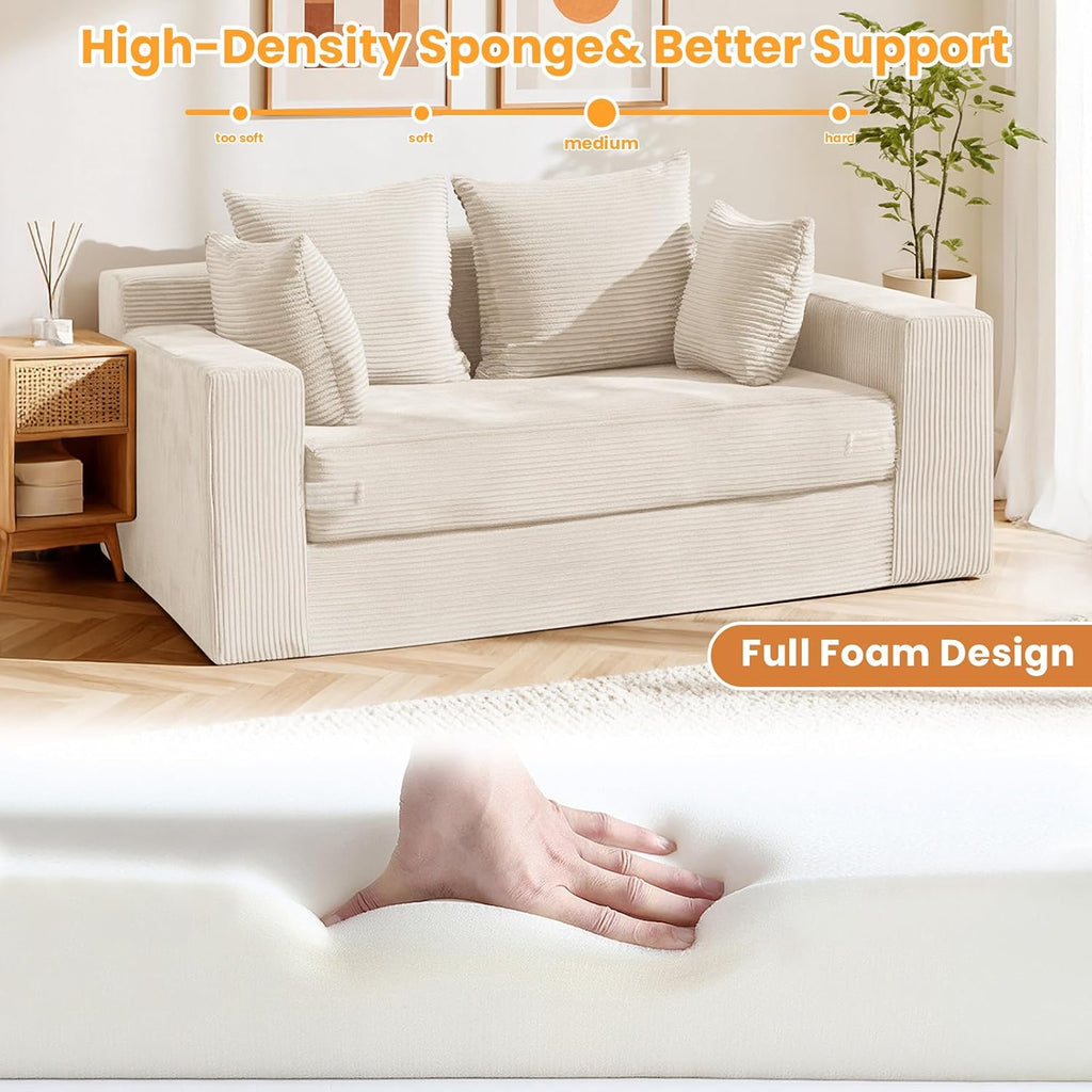 Beige Corduroy 3-in-1 Boneless Loveseat Sofa Bed