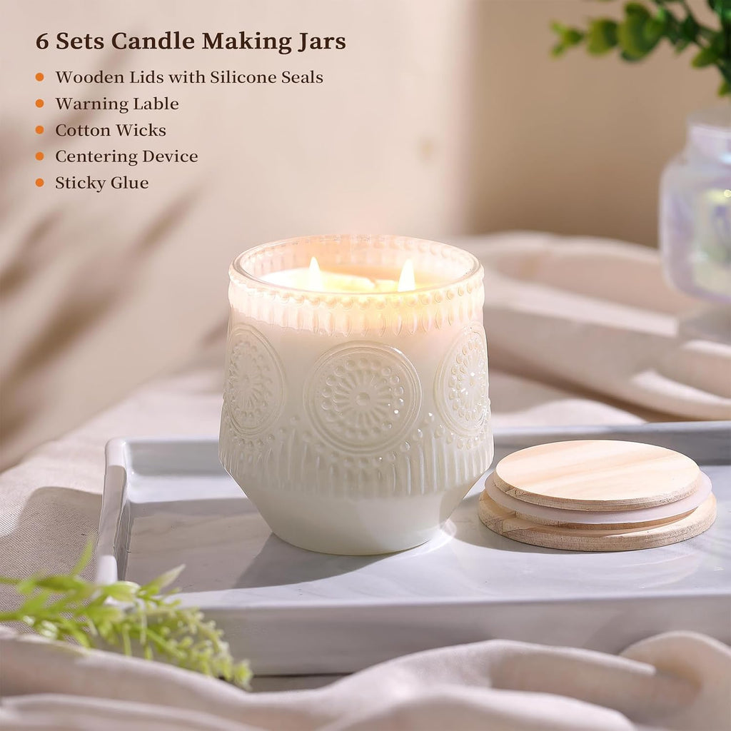 6 Pack Milky White Glass Candle Jars Wooden Lids