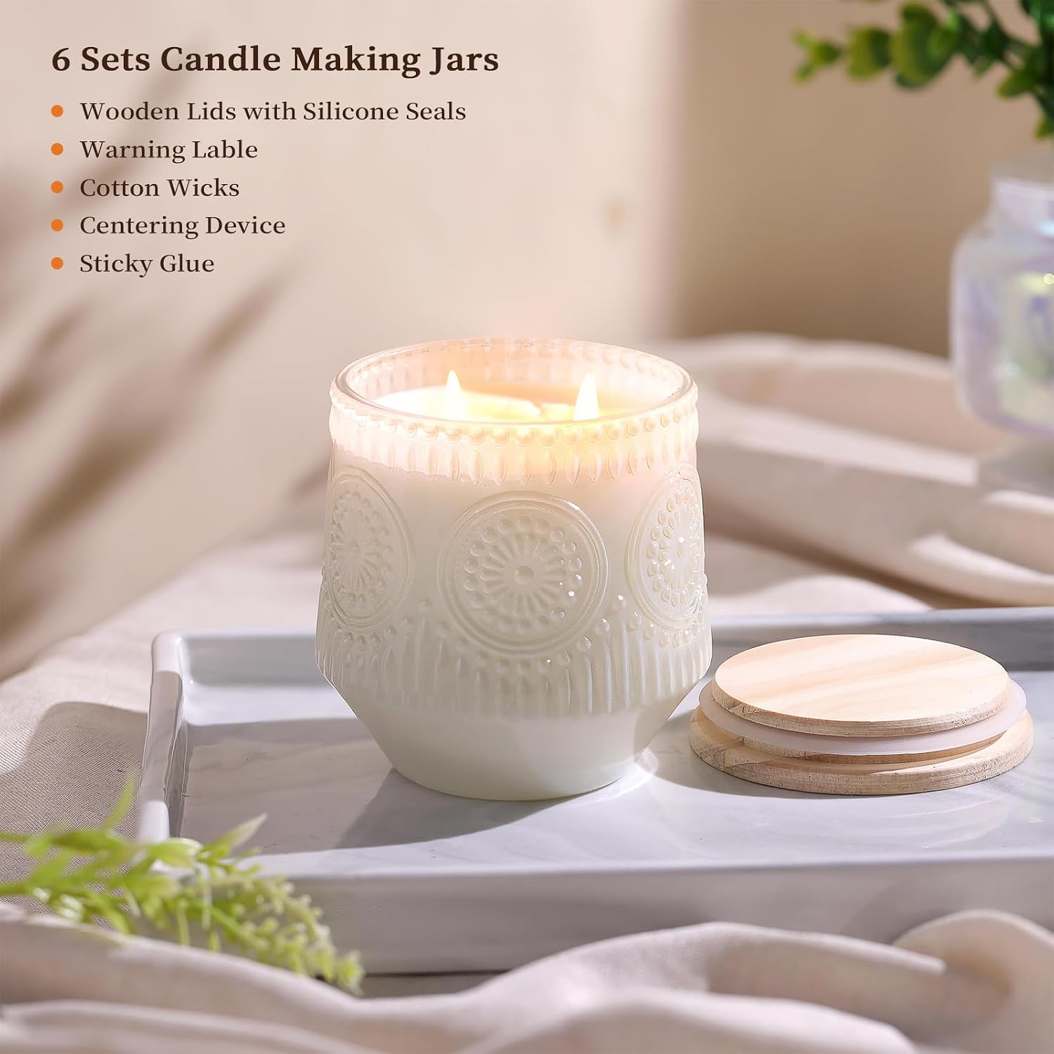 6 Pack Milky White Glass Candle Jars Wooden Lids