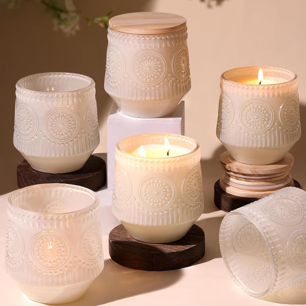 6 Pack Milky White Glass Candle Jars Wooden Lids