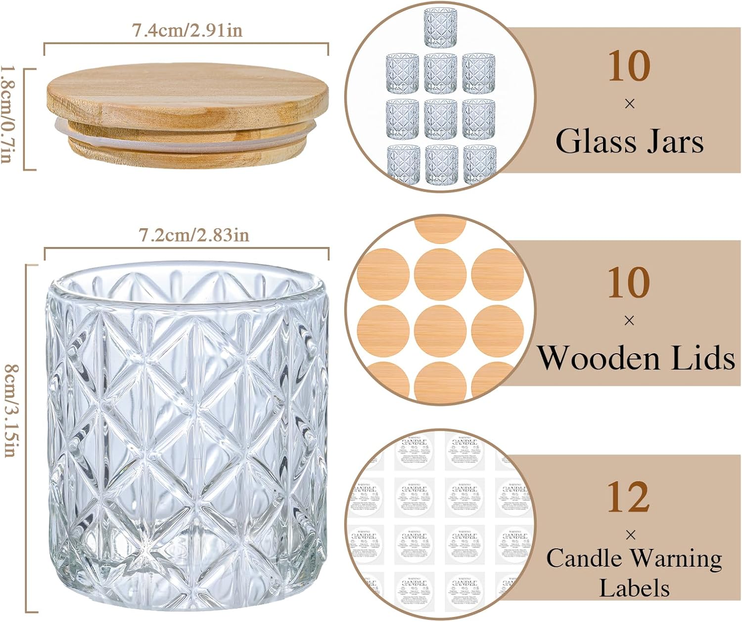 10 Pack Clear Diamond Glass Candle Jars Wooden Lids