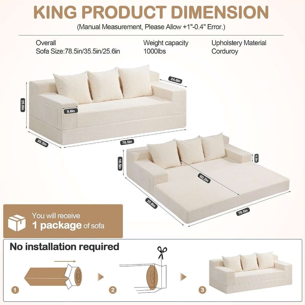 Beige Corduroy Convertible 3 Seater Sofa Bed