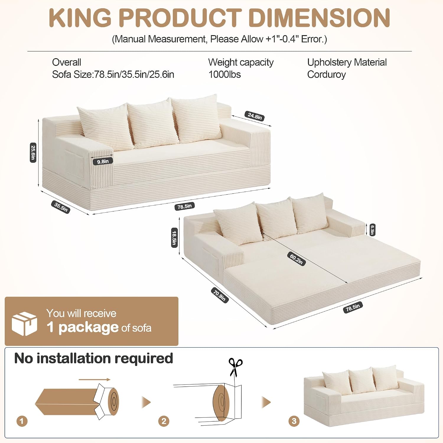 Beige Corduroy Convertible 3 Seater Sofa Bed