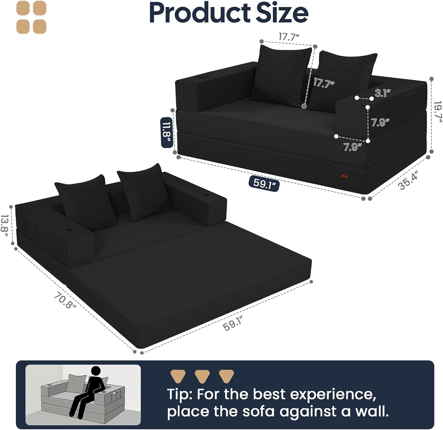 Black Boneless Convertible Futon Sofa Bed
