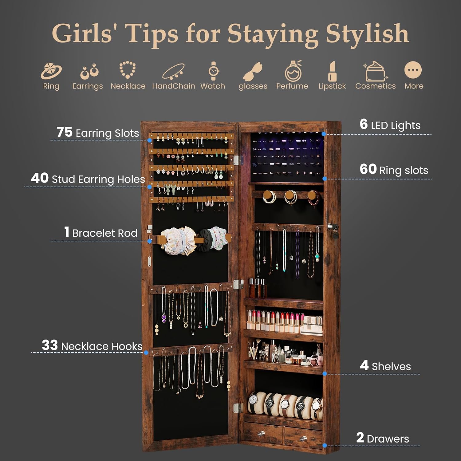 Brown LED Wall Mount Jewelry Cabinet
