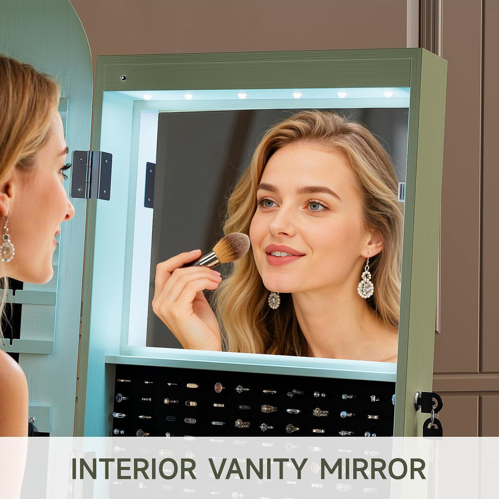 Green Swivel LED Jewelry Mirror Cabinet