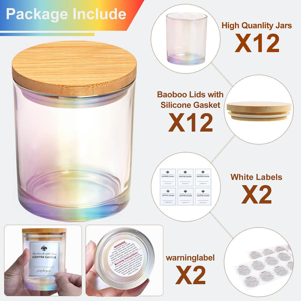 12 Pack Iridescent Glass Candle Jars Bamboo Lids