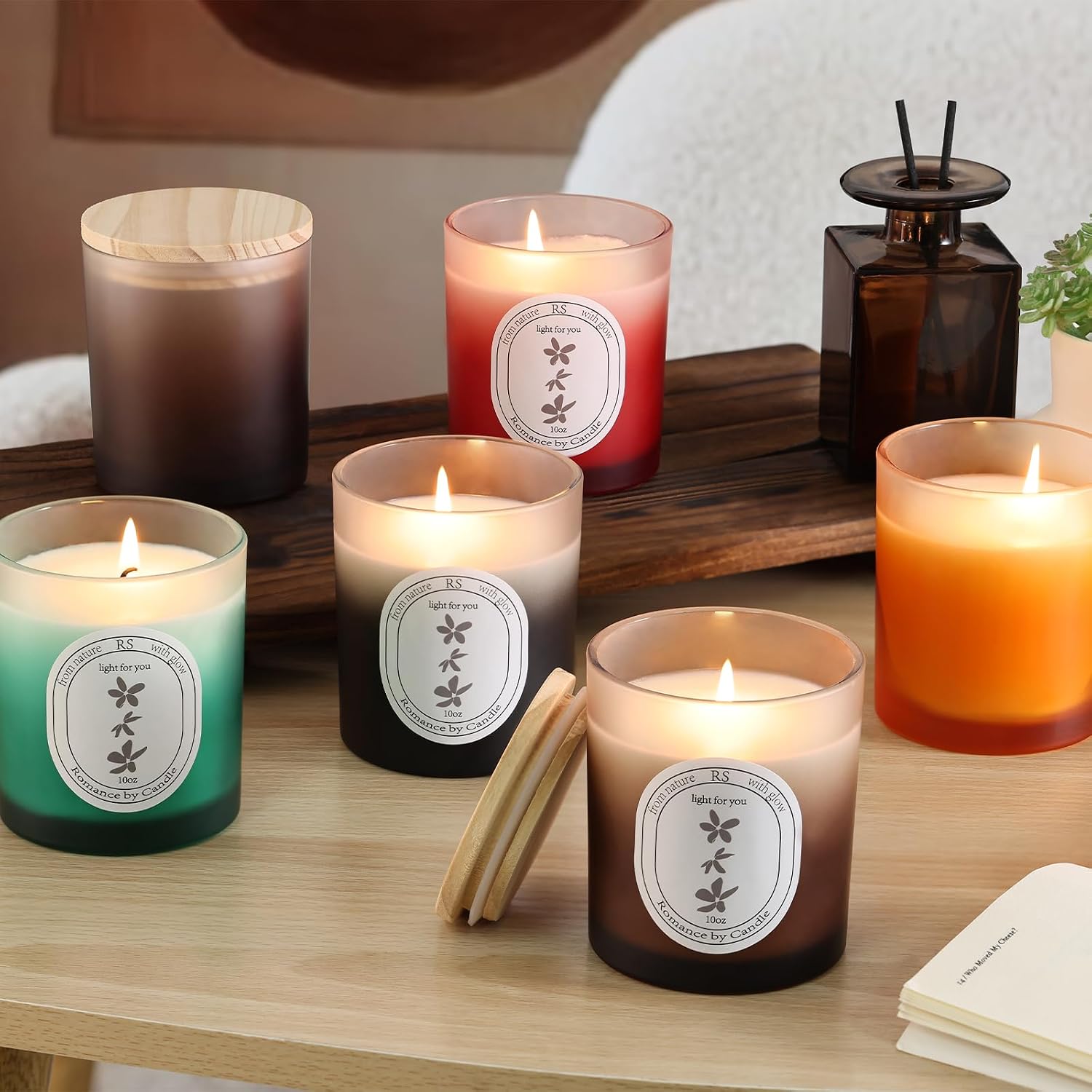12Pcs Gradient Orange Glass Candle Jars Bamboo Lids