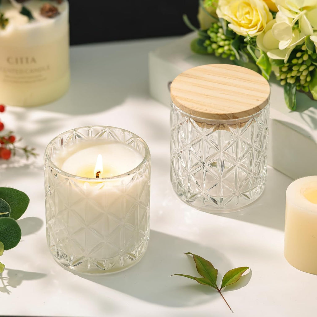 10 Pack Clear Diamond Glass Candle Jars Wooden Lids