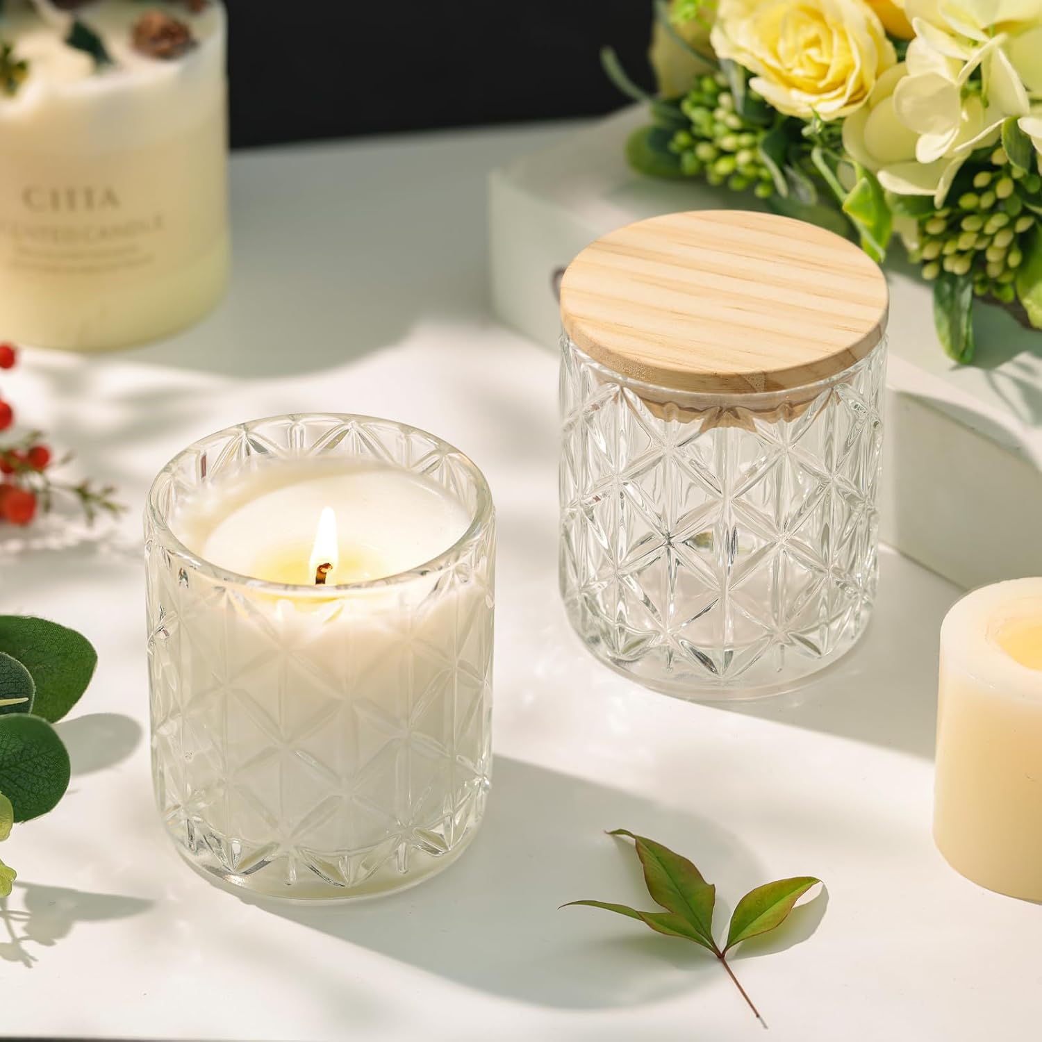10 Pack Clear Diamond Glass Candle Jars Wooden Lids