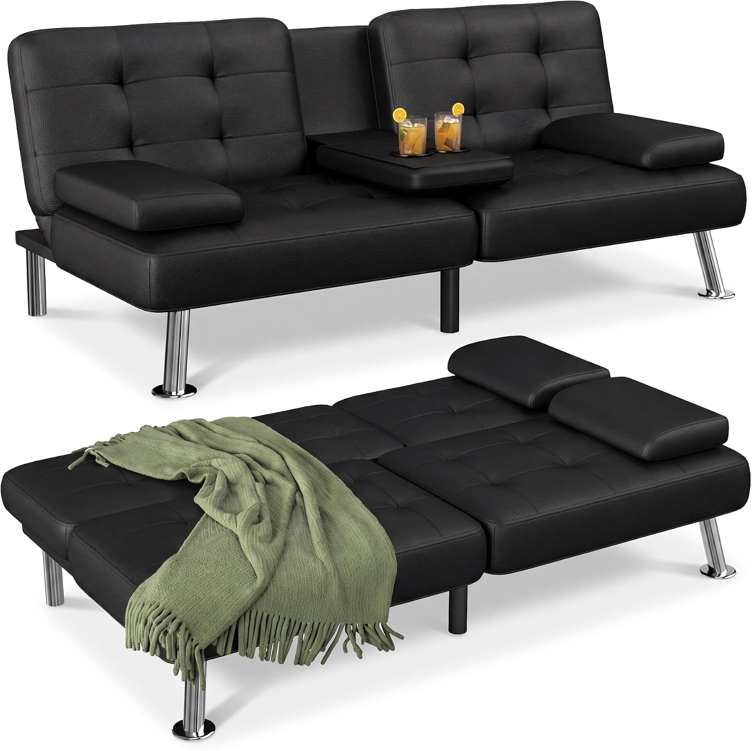 Black PU Leather Convertible Futon Sofa Bed