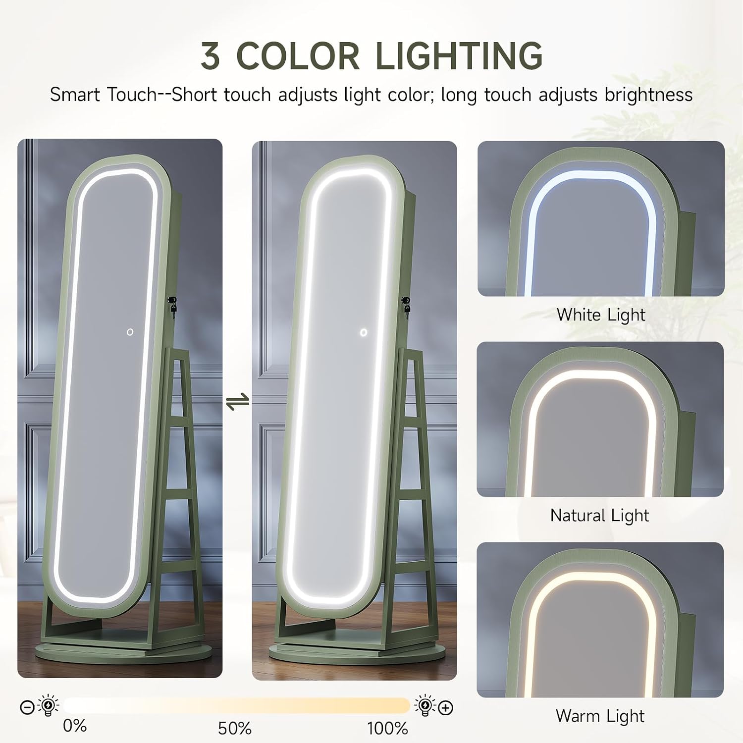 Green Swivel LED Jewelry Mirror Cabinet