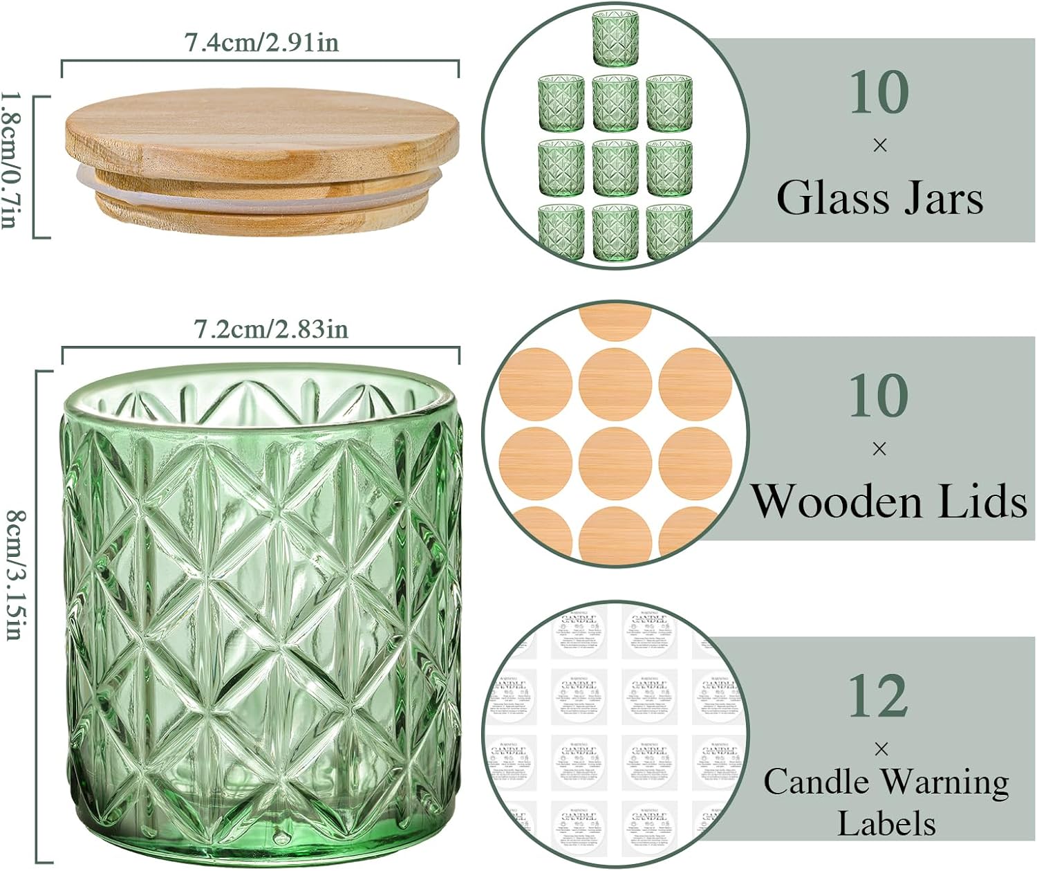 10 Pack Green Diamond Glass Candle Jars Wooden Lids