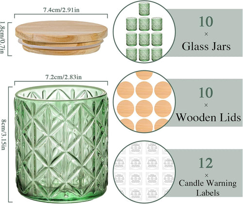 10 Pack Green Diamond Glass Candle Jars Wooden Lids