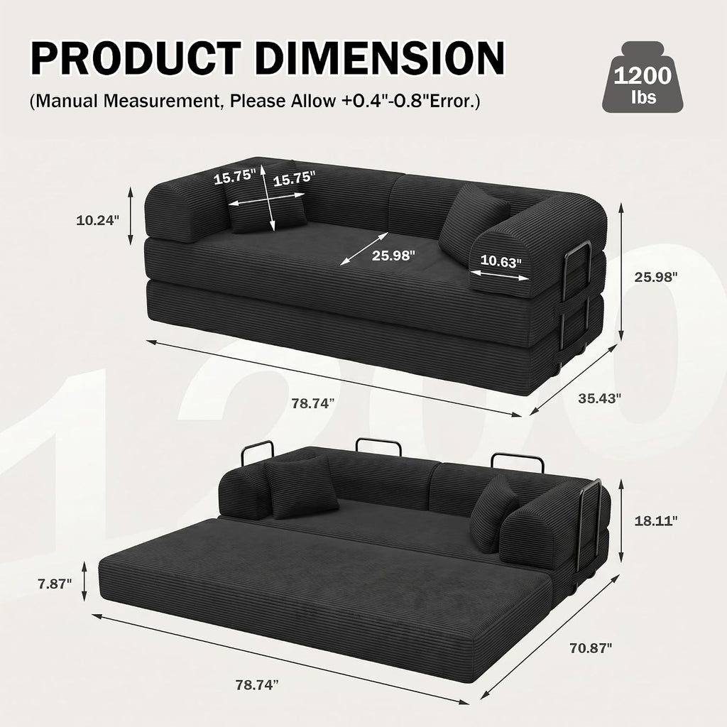 Black Corduroy 5-in-1 Convertible Floor Sofa Bed