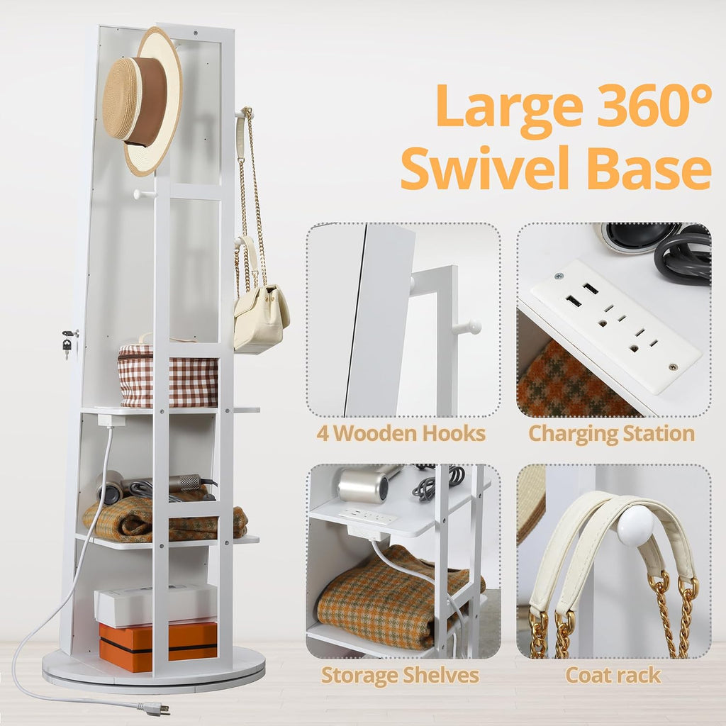 White Swivel LED Jewelry Mirror Cabinet