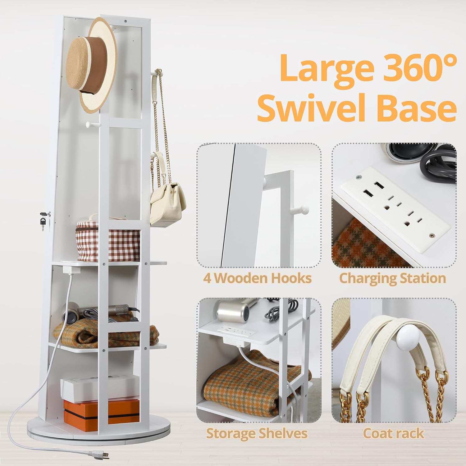 White Swivel LED Jewelry Mirror Cabinet