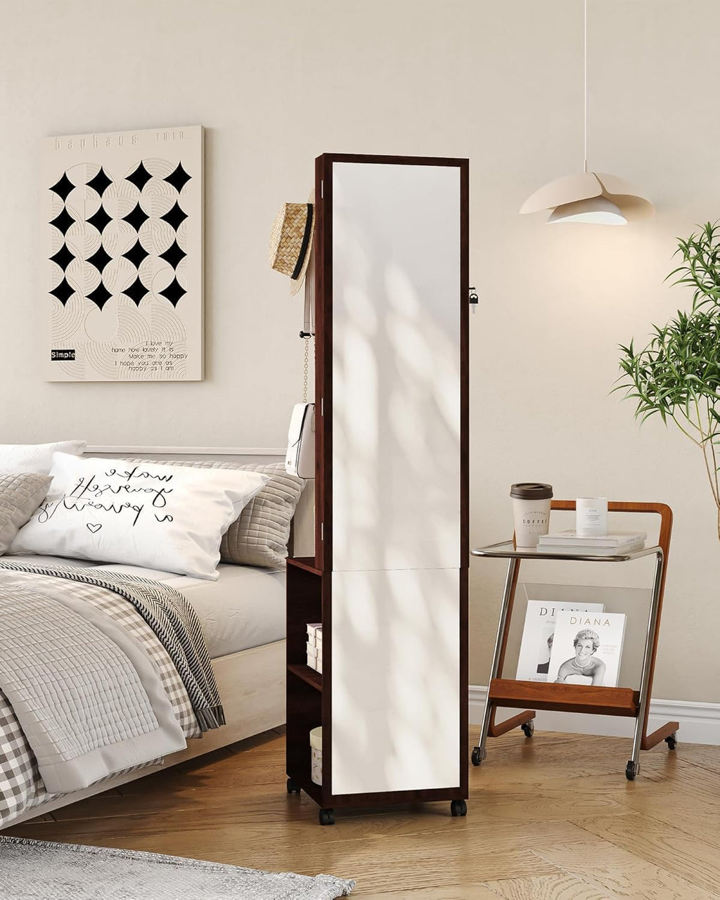 Brown LED Jewelry Mirror Cabinet with Garment Rack