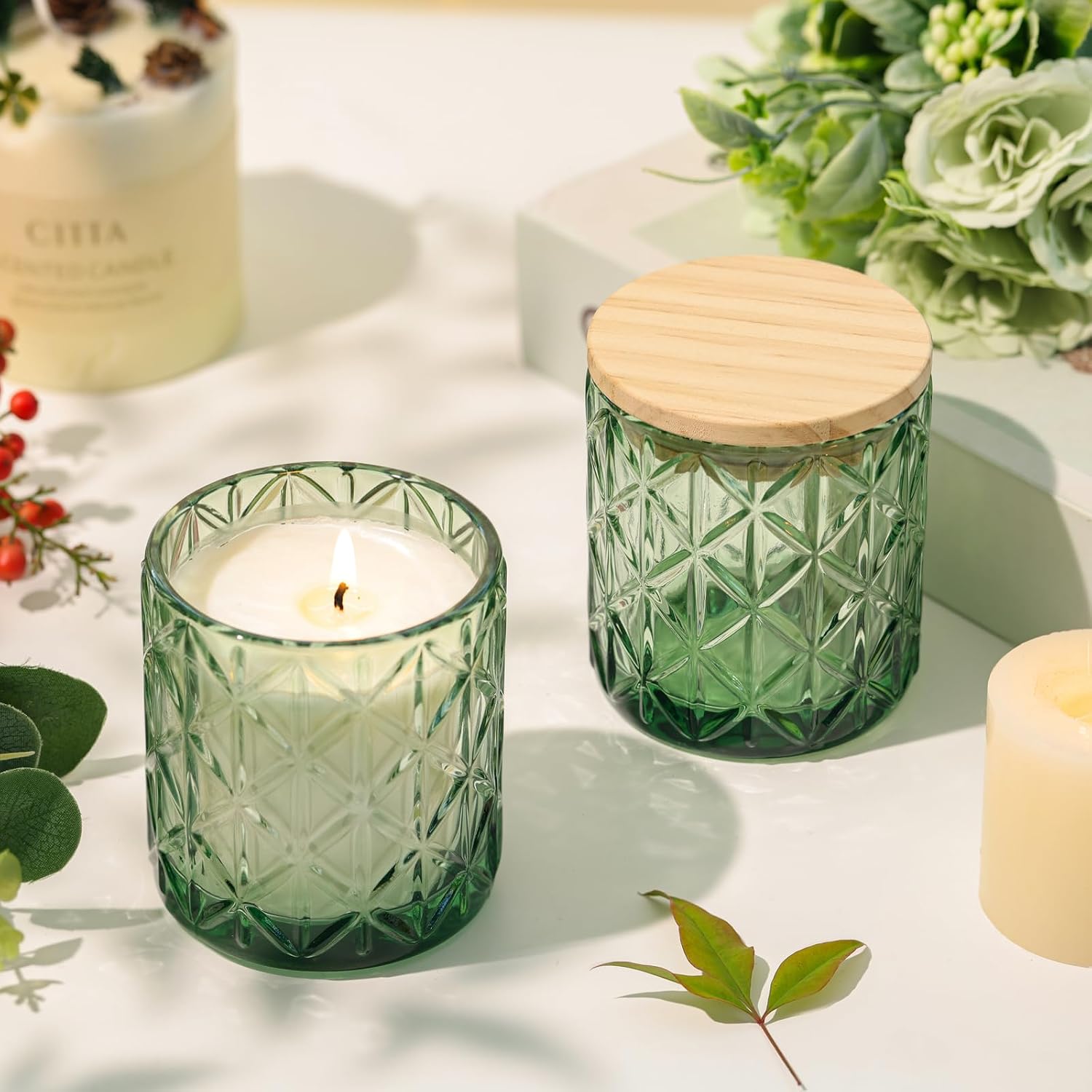 10 Pack Green Diamond Glass Candle Jars Wooden Lids