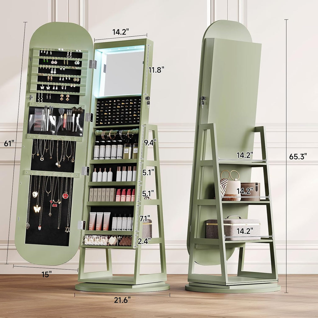 Green Swivel LED Jewelry Mirror Cabinet