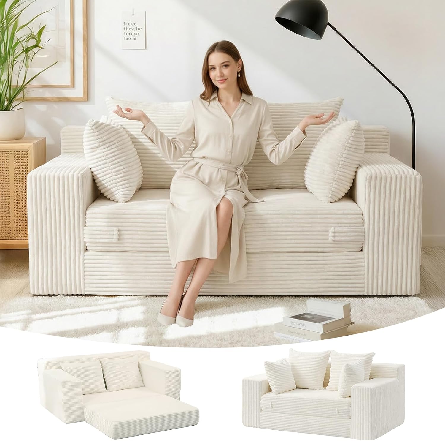 Beige Corduroy 3-in-1 Boneless Loveseat Sofa Bed