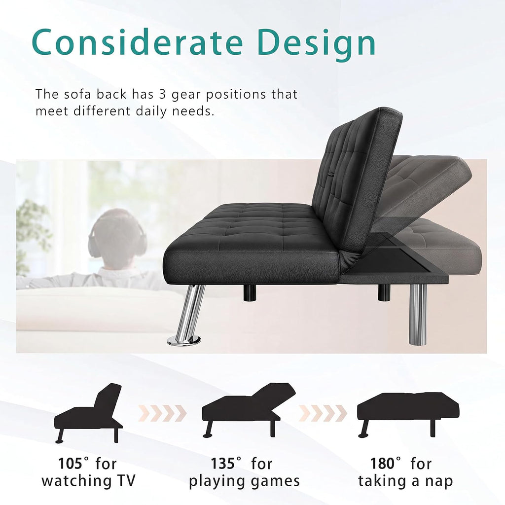Black PU Leather Convertible Futon Sofa Bed