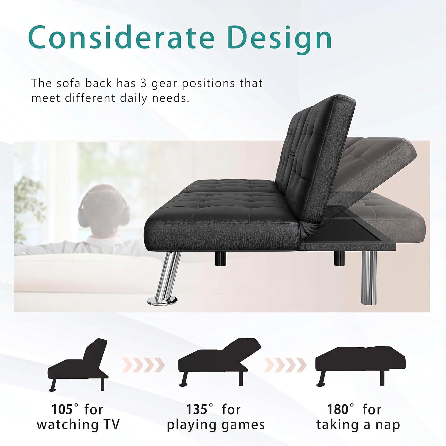 Black PU Leather Convertible Futon Sofa Bed