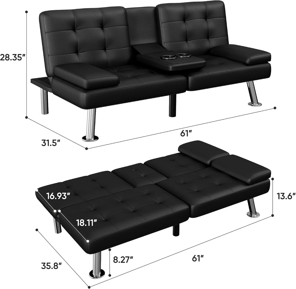 Black PU Leather Convertible Futon Sofa Bed