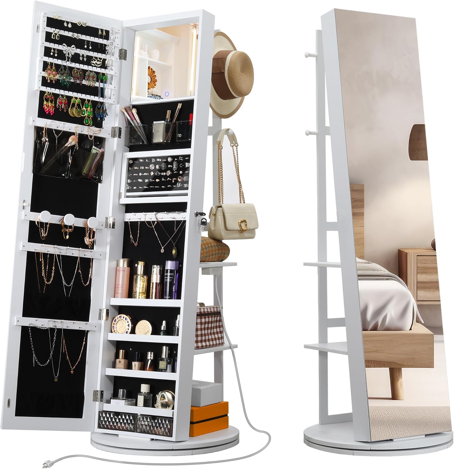 White Swivel LED Jewelry Mirror Cabinet