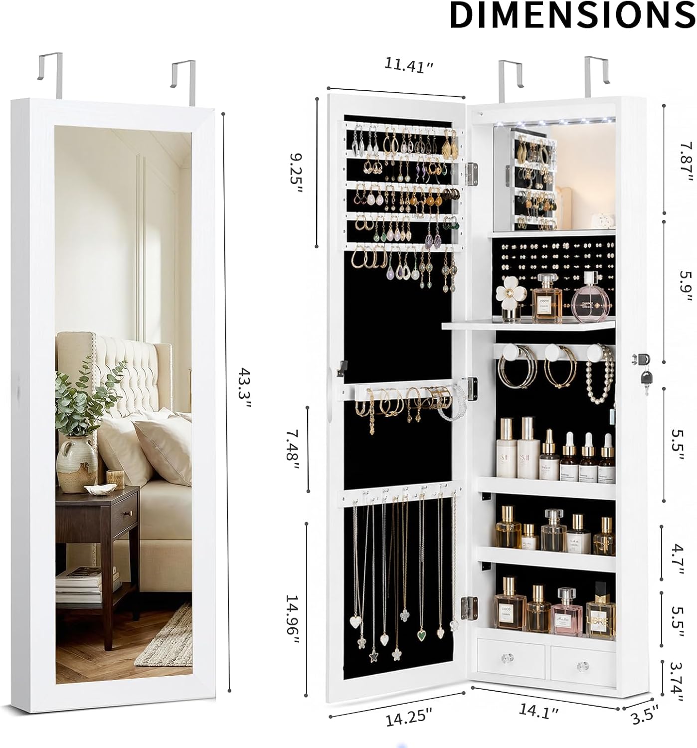 LED Over Door Jewelry Mirror Cabinet
