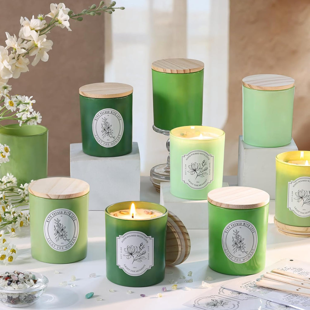12Pcs Green Glass Candle Jars Wooden Lids