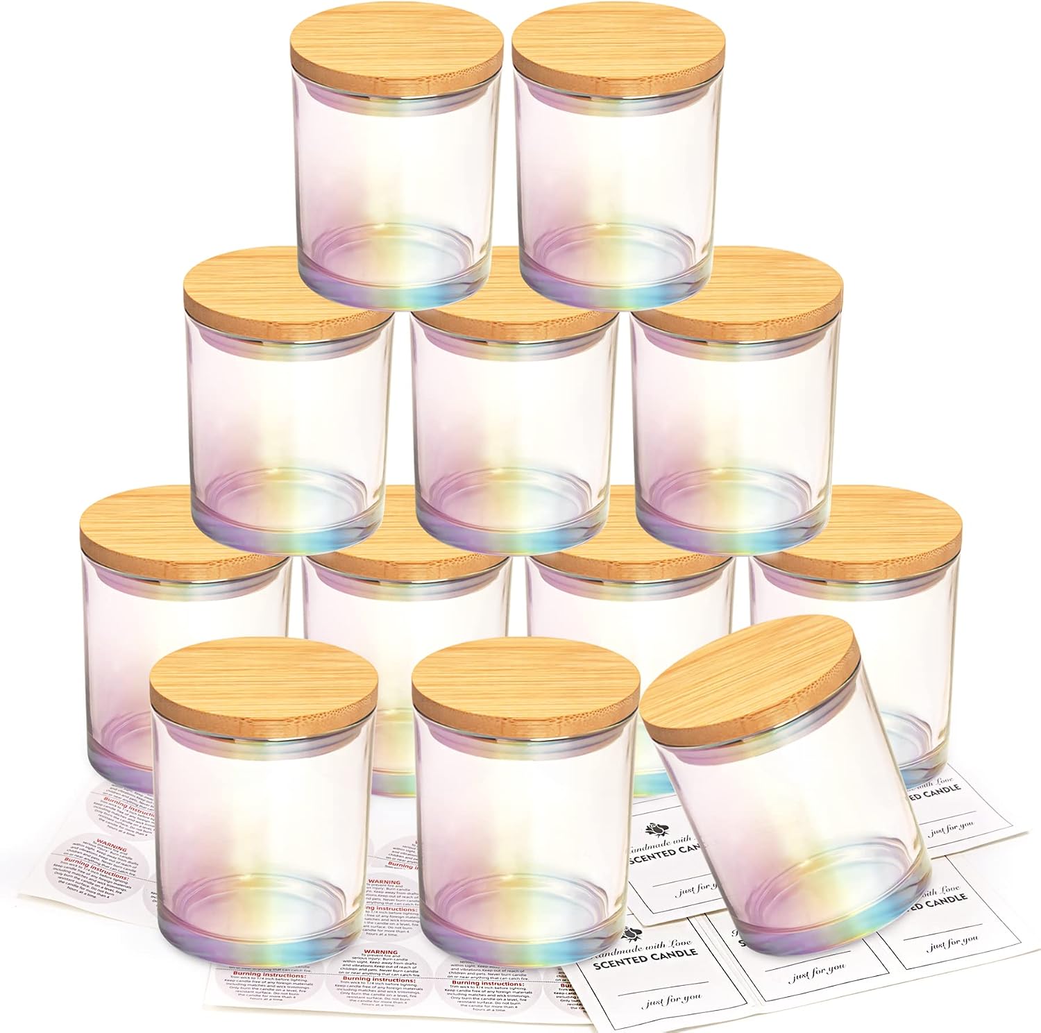 12 Pack Iridescent Glass Candle Jars Bamboo Lids