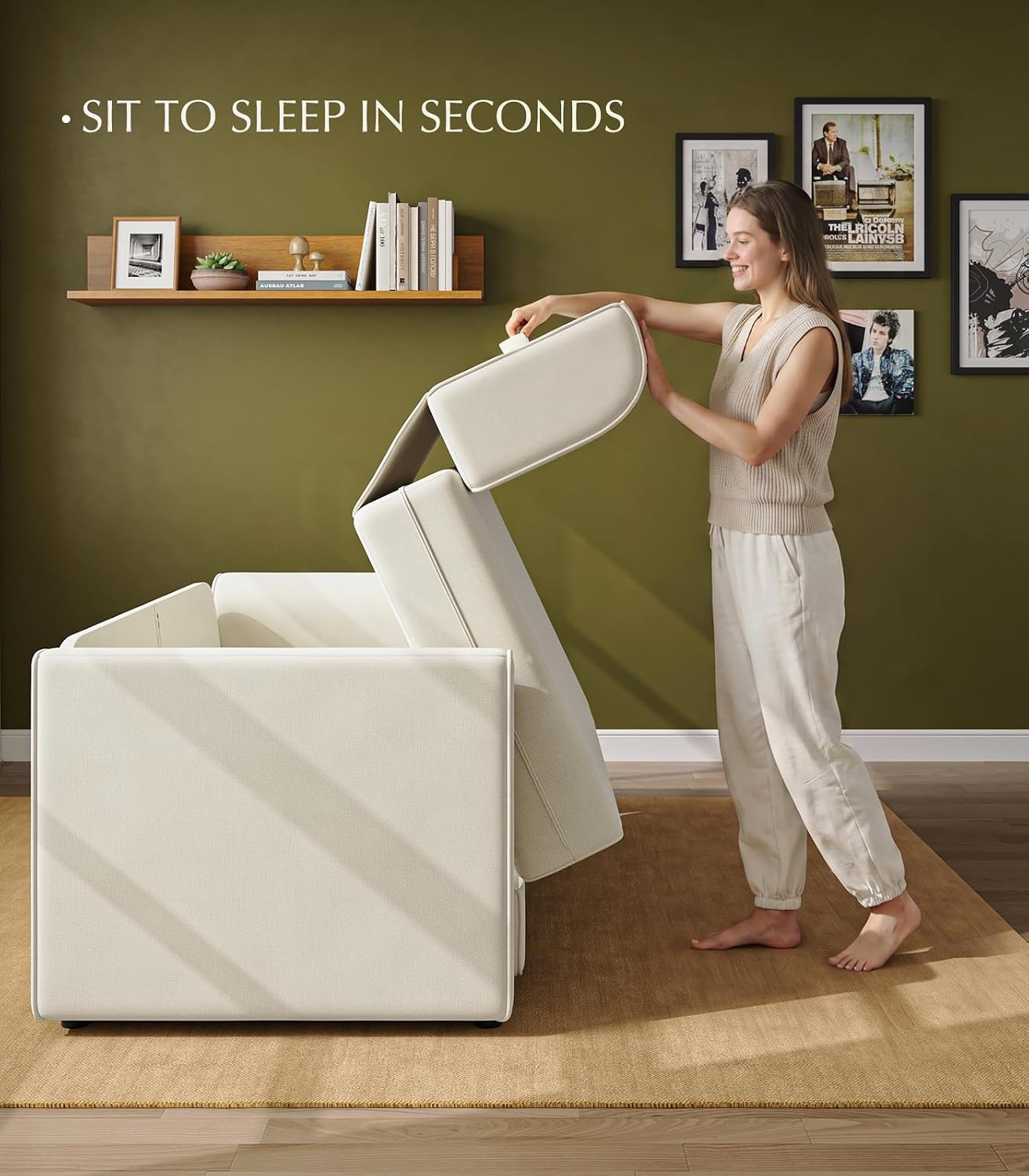 White Chenille Convertible Loveseat Sofa Bed