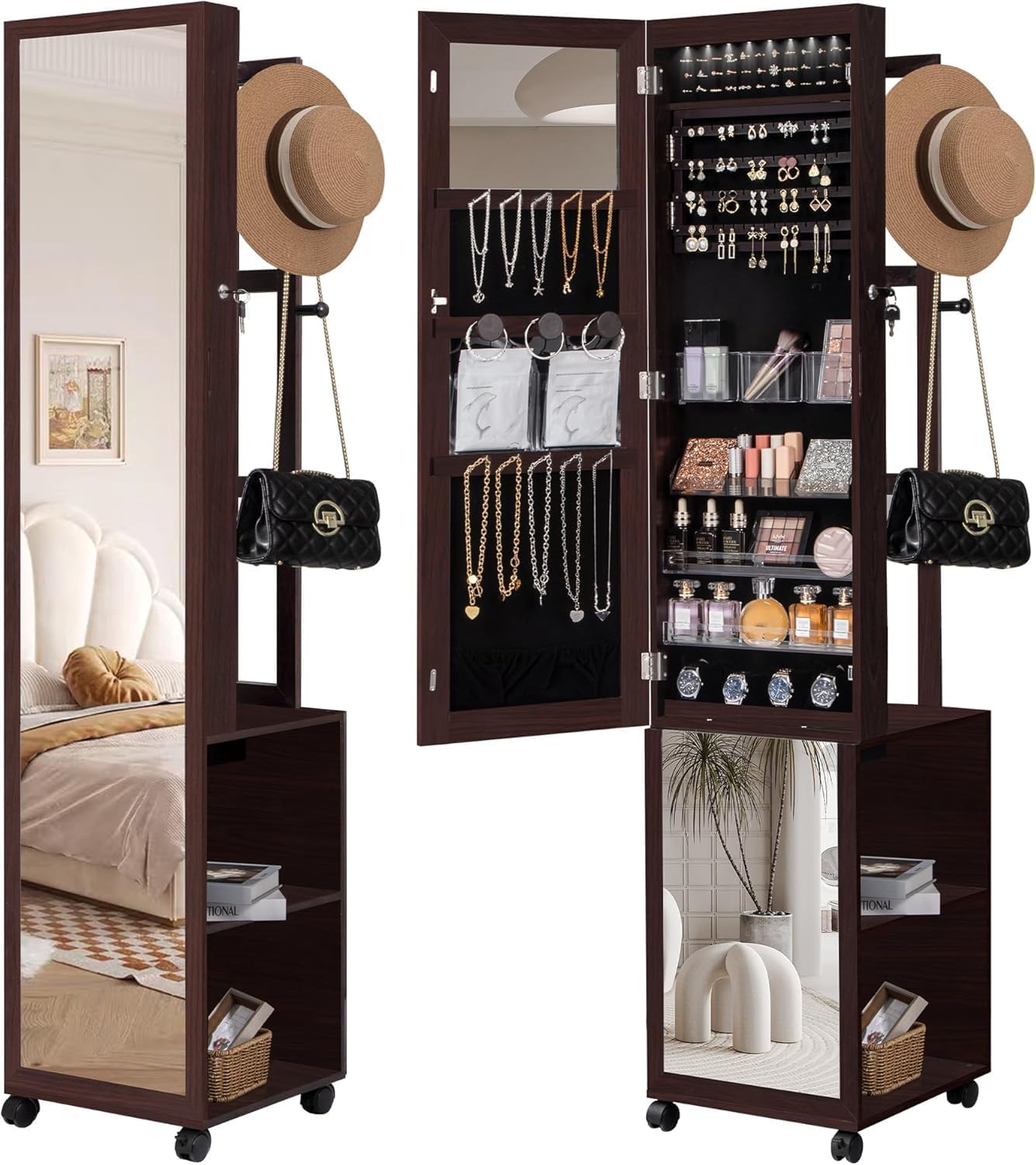 Brown LED Jewelry Mirror Cabinet with Garment Rack