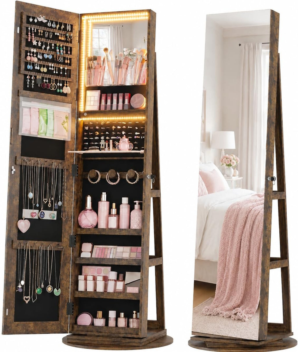 Rustic Brown Rotatable Jewelry Mirror Cabinet