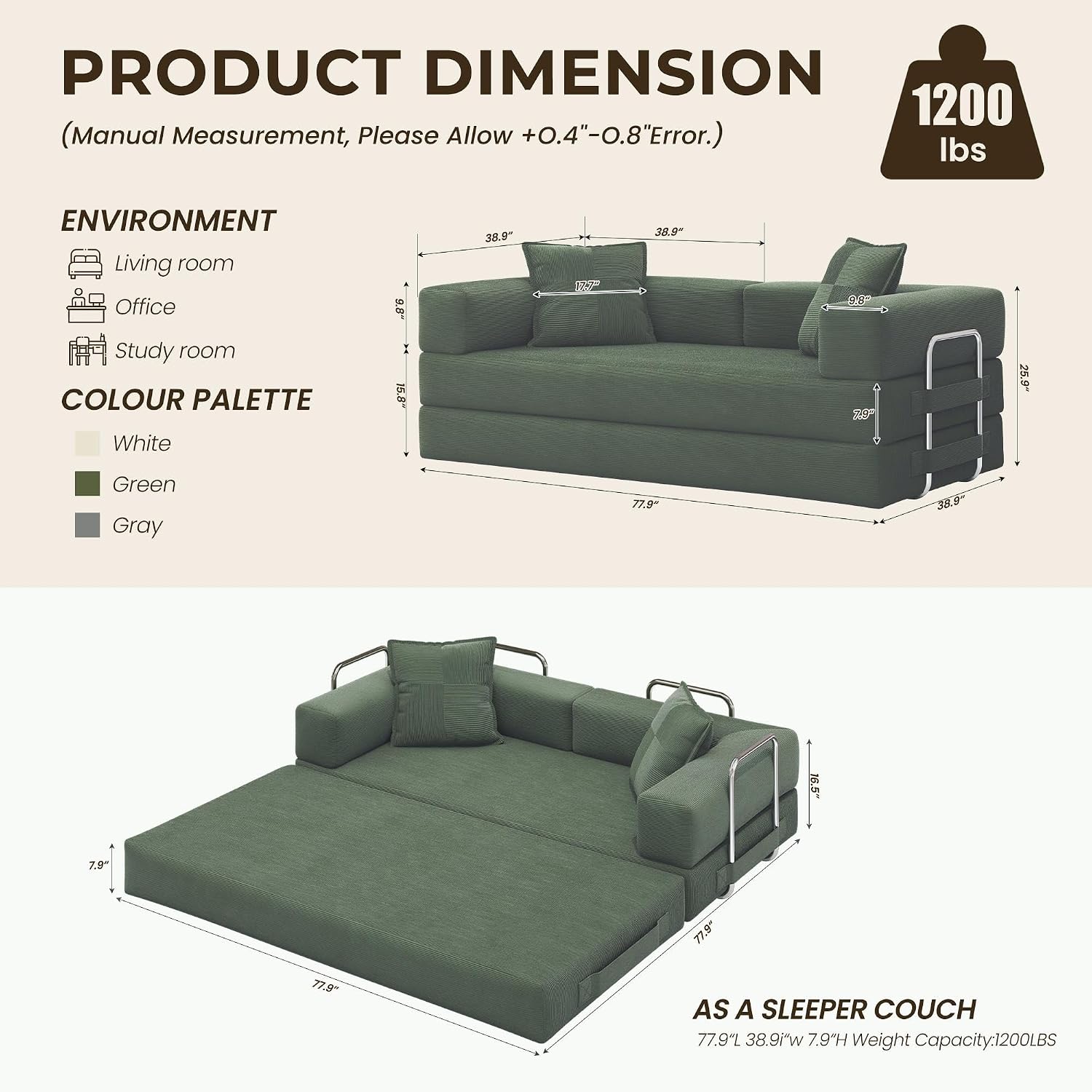 Green Corduroy 5-in-1 Convertible Sofa Bed