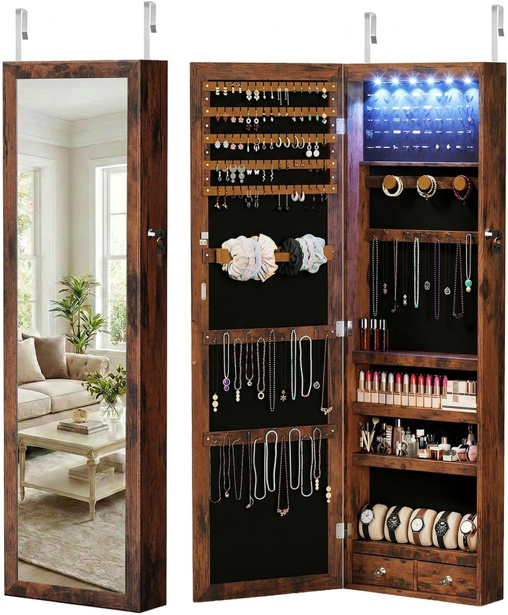 Rustic Brown Wall Mount Jewelry Mirror Cabinet