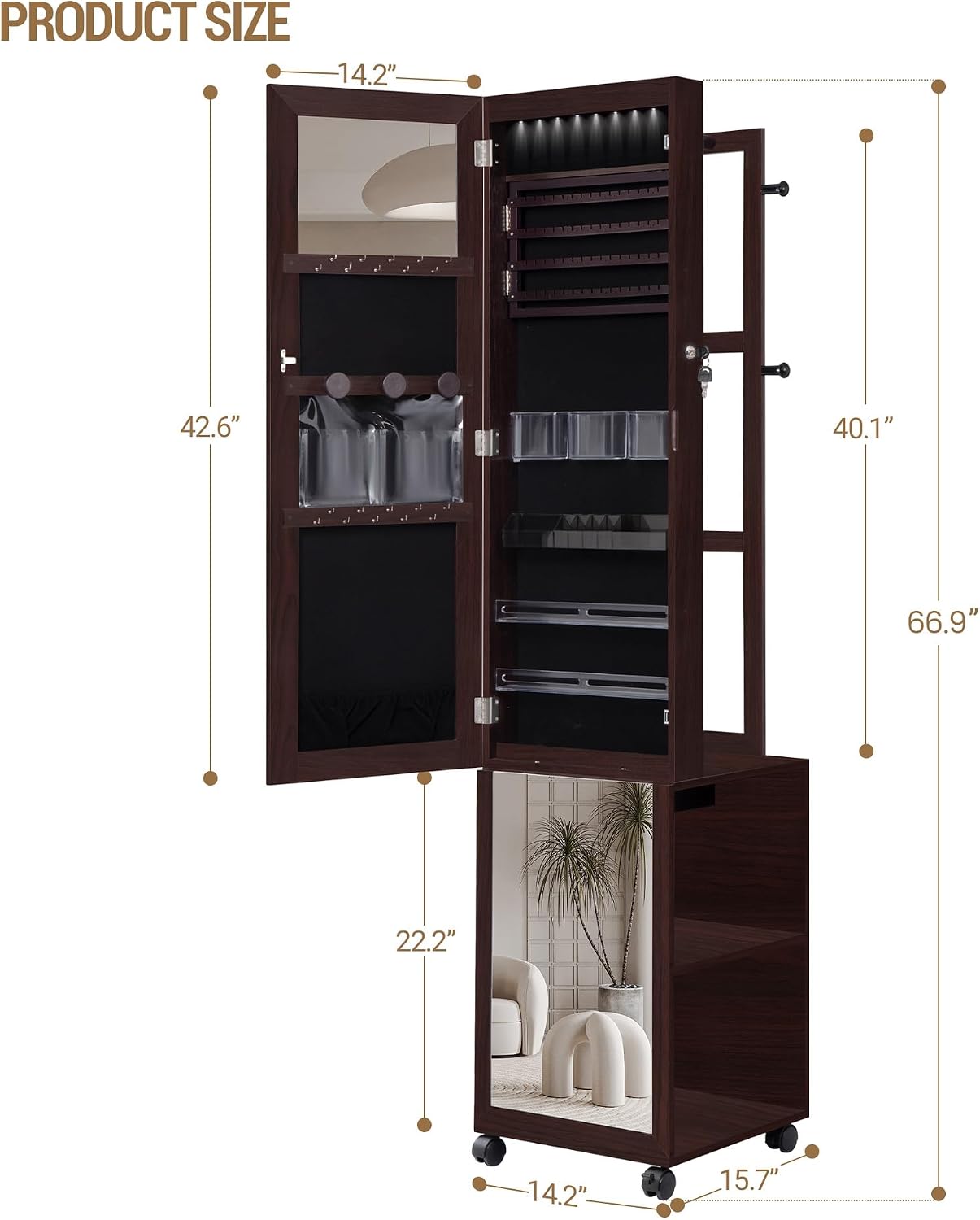 Brown LED Jewelry Mirror Cabinet with Garment Rack