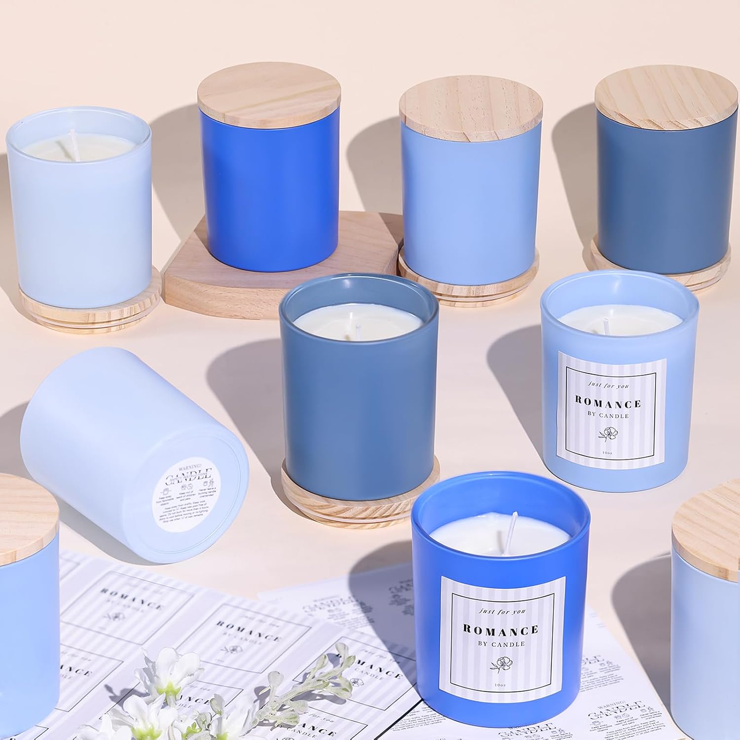 12Pcs Frosted Blue Glass Candle Jars Bamboo Lids